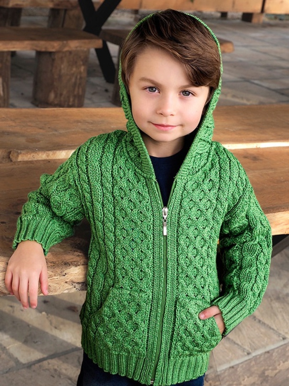 Irish Wool Green Hooded Cable-Knit Zip Sweater for Kids